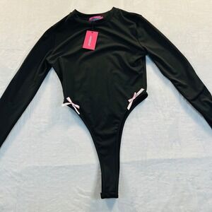 Edikted Black Long Sleeve Bodysuit Pink Bows High Cut S16022 Small NWT